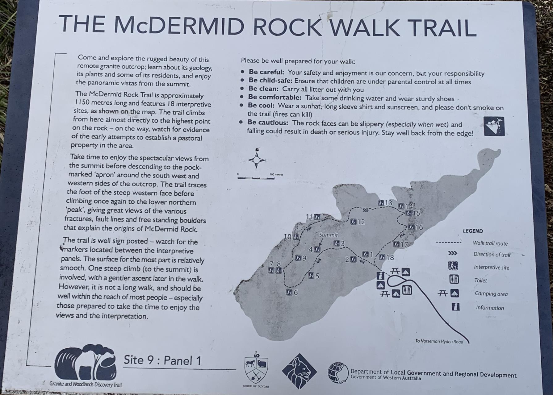 Plaque showing the McDermid Rock Walk Trail and some information regarding the trail